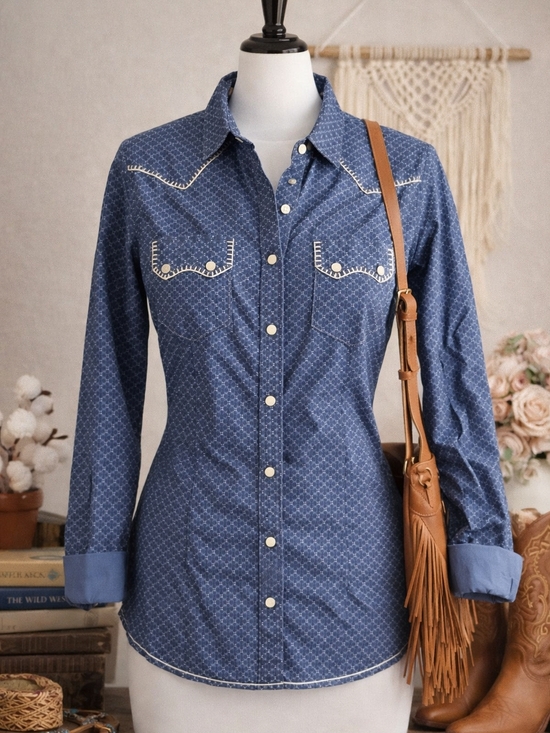 Panhandle Tops - Panhandle Rough Stock Women's M Blue Pearl Snap Western Collar Long Sleeve Shirt